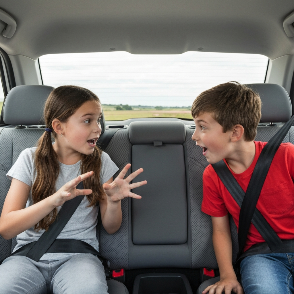 kids telling each other stories at back of car